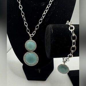 SAQ for Avon 1980s Vintage Necklace & Earring Set Silver tone w/ Aqua Blue